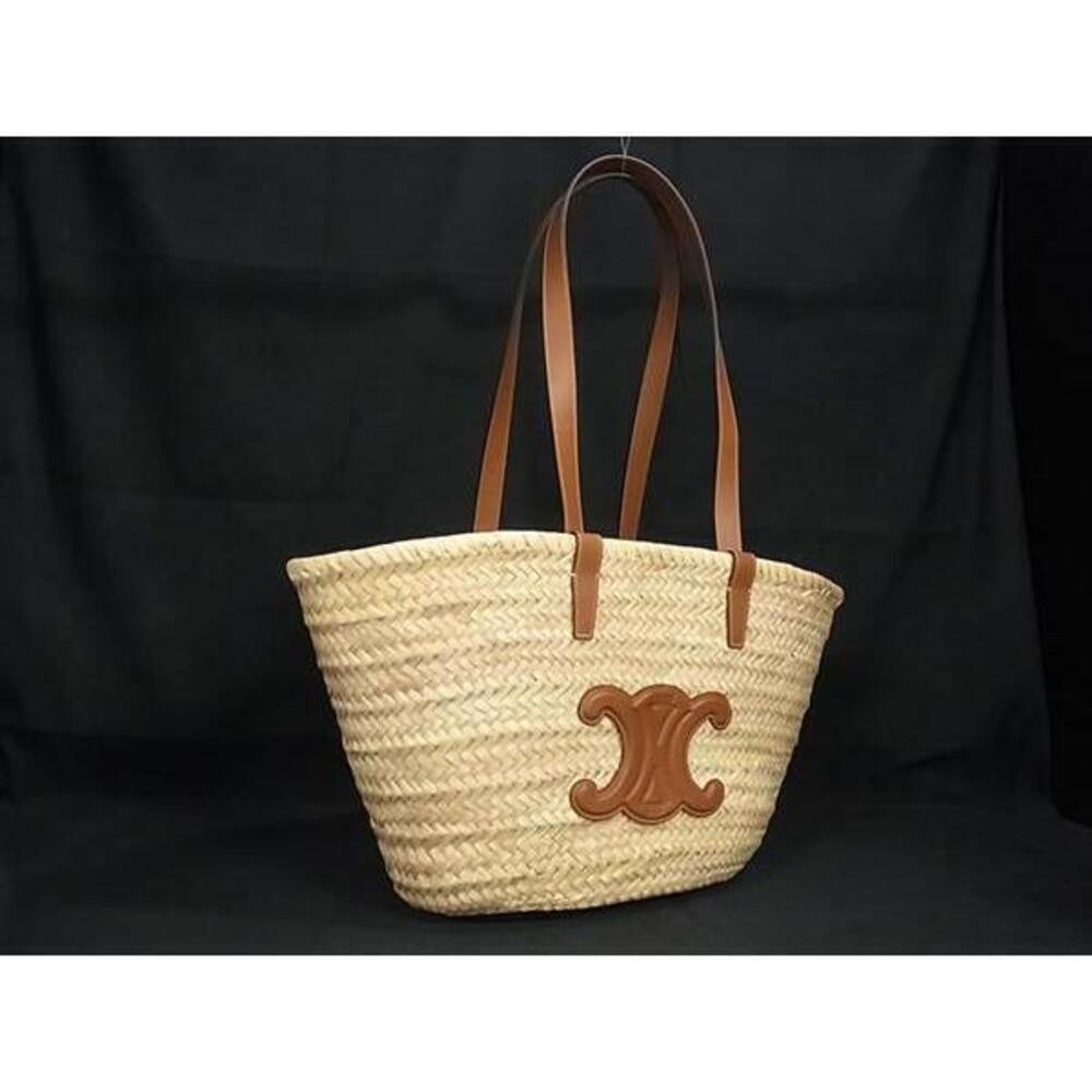 CELINE Triomphe Panier Raffia Leather Tote Bag Shoulder Brown - Picture 1 of 7